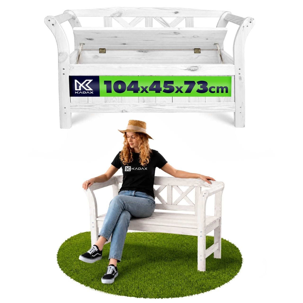 KADAX Gartenbank, 119x45x73 cm Banktruhe aus Einer Holzfaserplatte, Sitzbank mit Stauraum und Rücklehne, Holzbank für Garten, Balkon (119 cm/Weiß)