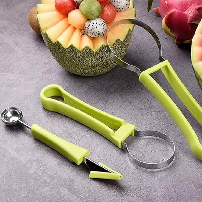 Image of 4-in-1 Melon Baller Scoop Set - Stainless Steel Fruit Scooper, Carving Knife, Digging Spoon & Cutter Tool for DIY Fruit Salad, Ice Cream, Cake Decorating & Dessert Presentation