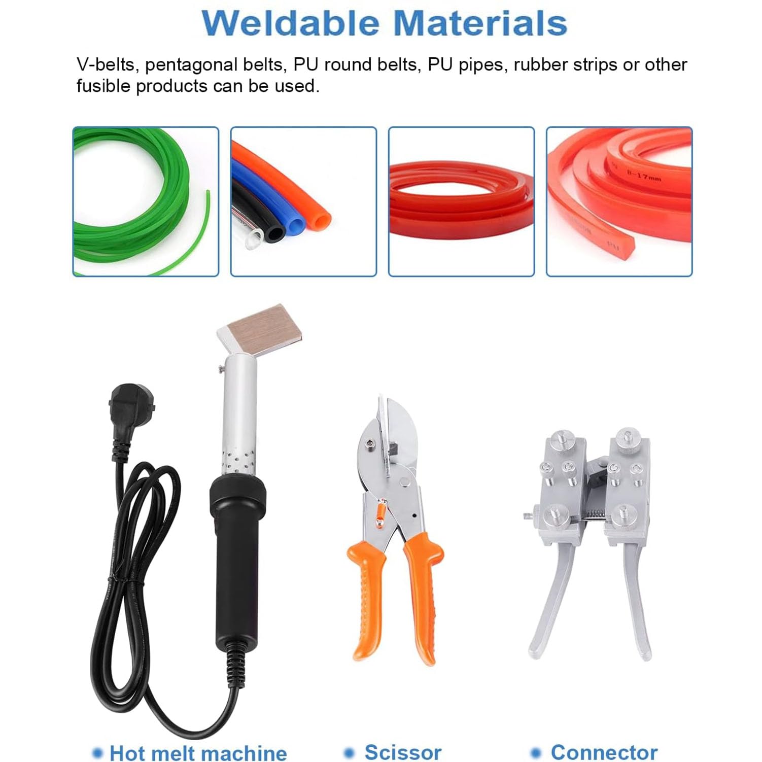 Máquina de soldadura de banda de poliuretano para correas redondas, unión de fusión en caliente con soldador, tijeras y soldador, duradera para tubos y tiras de plástico