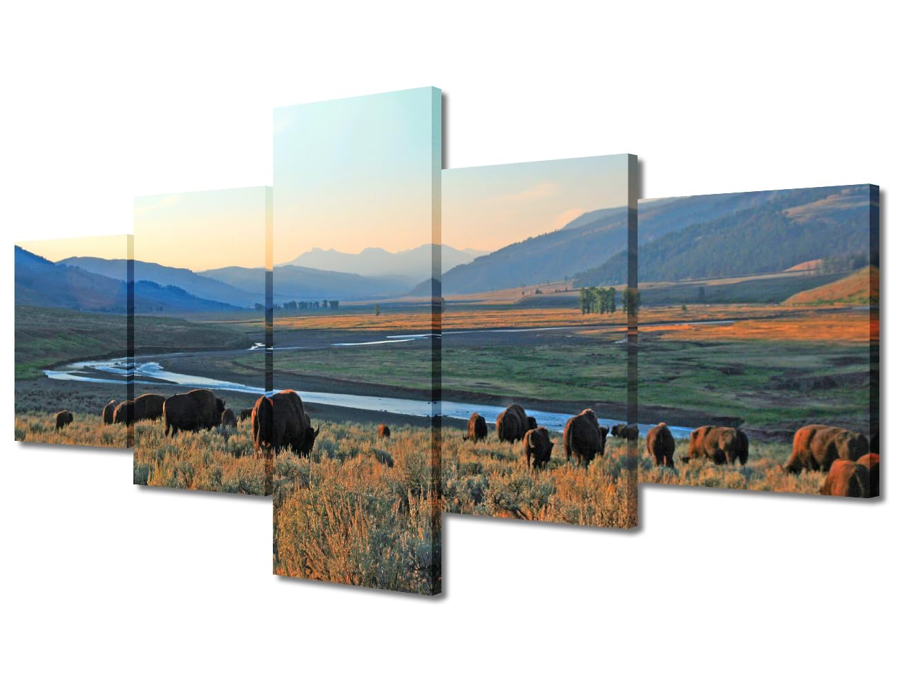 5 Panels Posters & Prints US Natural Scenery Canvas Wall Art Lamar Valley of Yellowstone National Park Picture Prints Wall Decor Giclee Wooden Framed