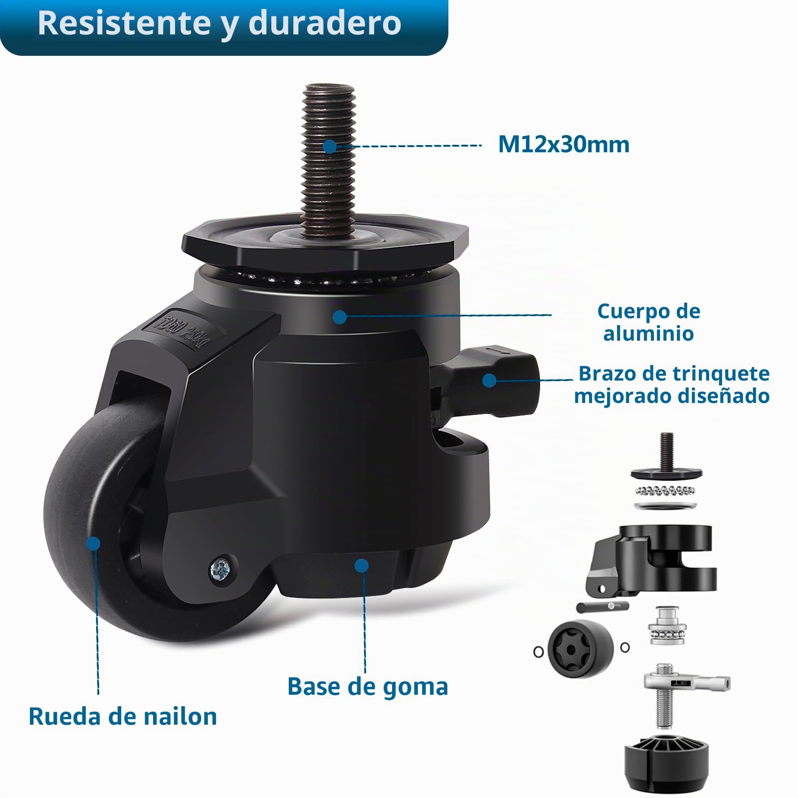 M12X30mm Ruedas para Muebles Pesados Hasta 1000KG, 50MM Ruedas Giratorias Industriales con Diseño de Palanca de Carraca Ajustable, Ruedas Pesados de 360 Grados, Silencioso, Set de 4