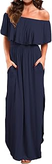 VERABENDI Women's Off Shoulder Summer Casual Long Ruffle Beach Maxi Dress with Pockets