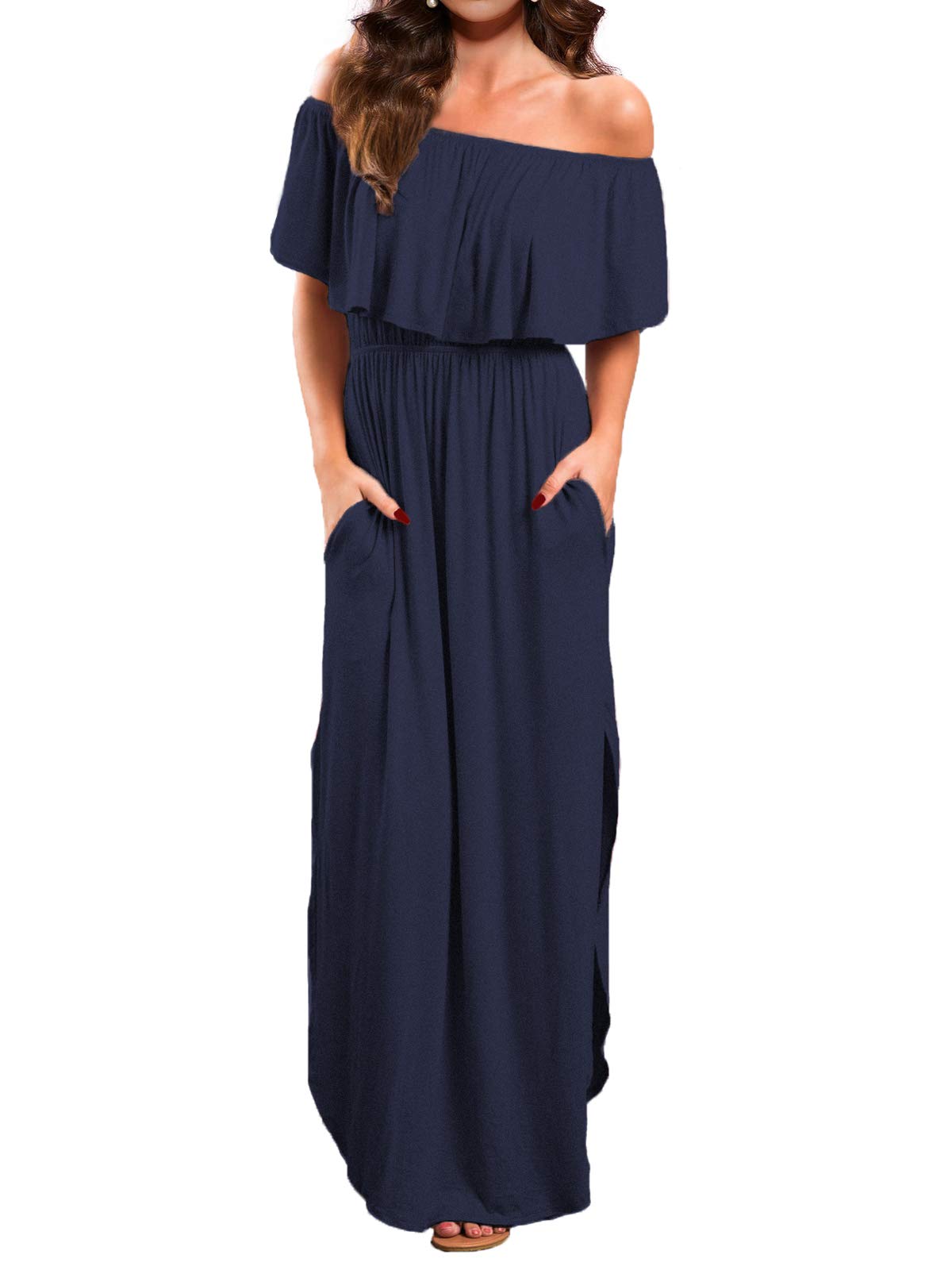 Women's Off Shoulder Summer Casual Long Ruffle Beach Maxi Dress with Pockets