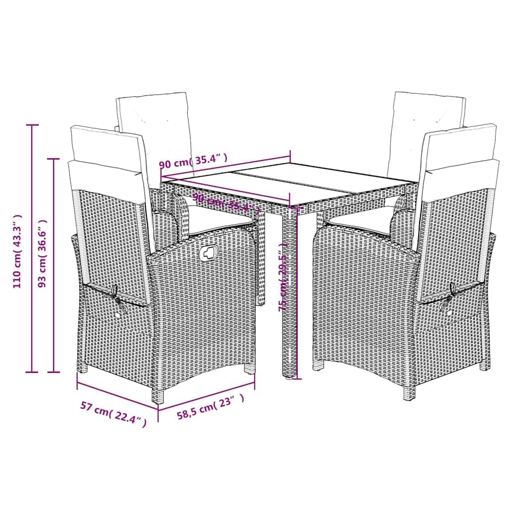 Set di 5 mobili da giardino in polyrattan nero con sedie regolabili e cuscini, set di mobili da giardino resistenti alle intemperie, per terrazza, balcone, veranda