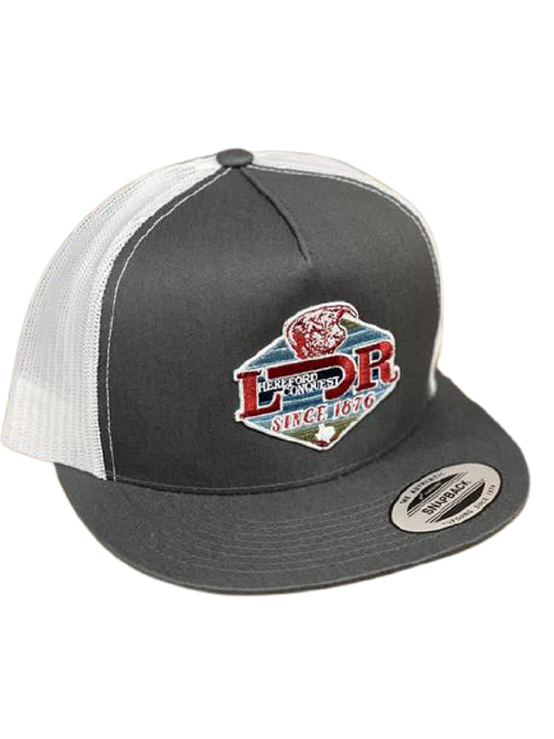 Lazy J Ranch Wear Baseball Cap Western Cowboy Theme Gray & White with Bull, 4" with Conquest Patch