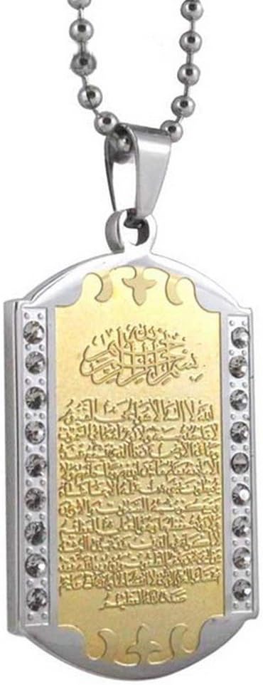 Religion ☪ Islamic Plaque Ayat El Kursi (Verse of the Throne) Gold and Silver Tone with Crystals Pendant Ball Chain 60 cm P07
