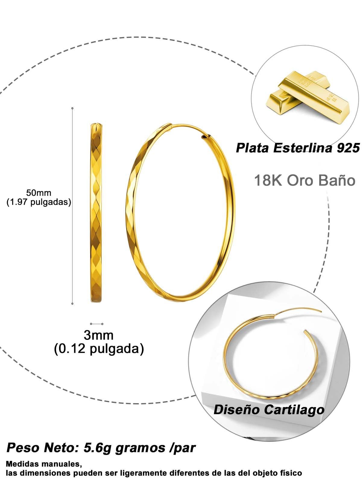 Silvora Aros Oro 18K Mujer Pendientes Hoop Earrings Medianos Plata 925