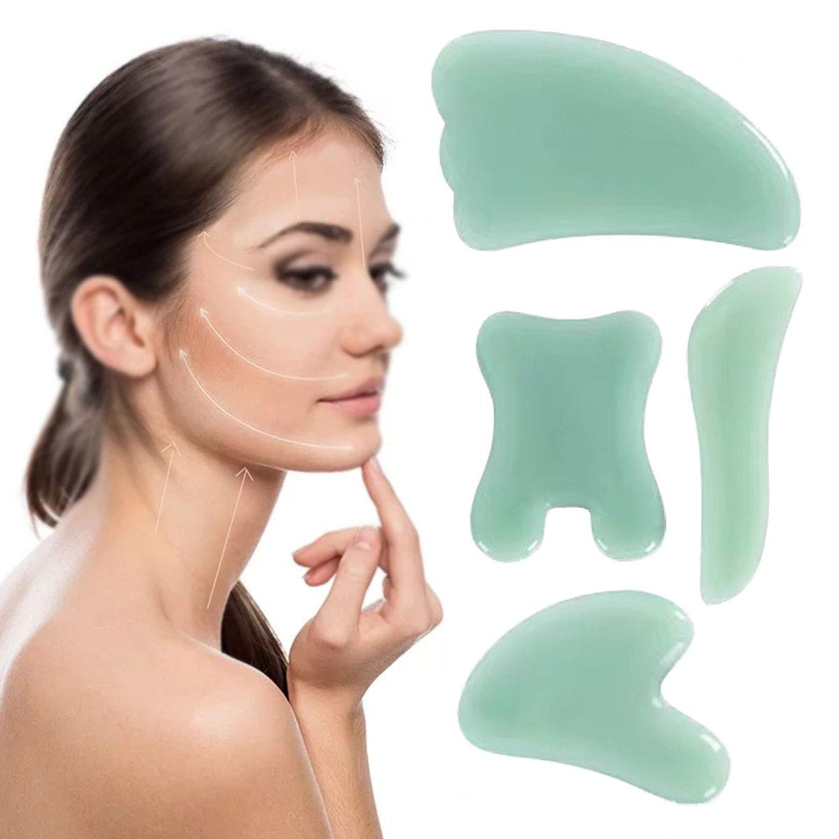 Gua Sha Massage Tool, 4 Pcs Natural Jade Gua Sha Board Gua Sha Stone Scraping Massage Sets for SPA Pain Relief, Physical Therapy Muscle Knots, Facial Caring