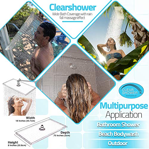 PREMIUM Large Shower Head by Clear Shower XL - Clear Model, FIRM PRESSURE Square 18 inch (45cm) Adjustable Shower Head, LUXURY Waterfall Full Body Coverage, Easy to Install