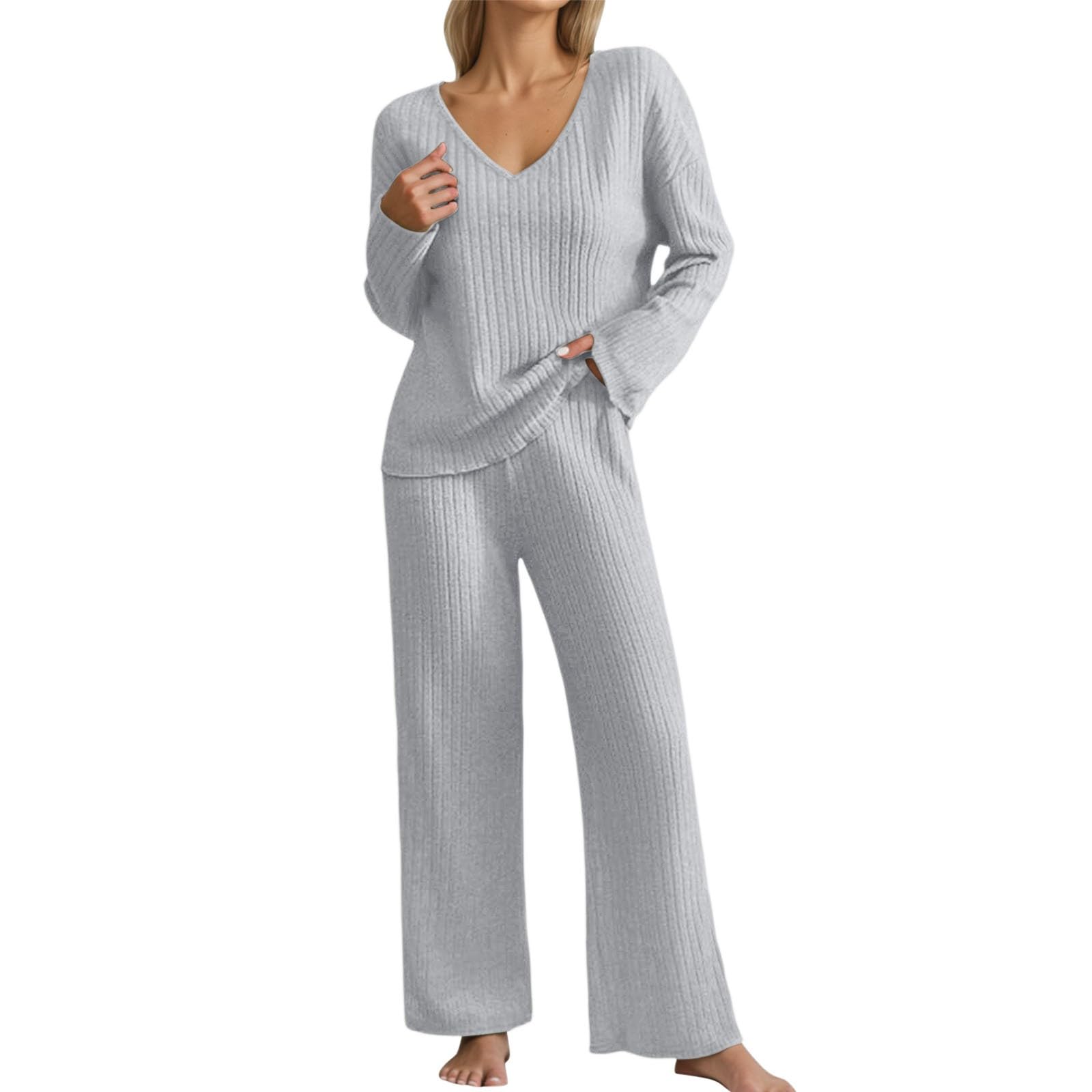 Genérico Conjunto de Pijama Dos Piezas Mujer Elegante Ropa casa otoño Blusa Holgada Manga Larga Cuello V Pantalones Pierna Ancha Conjuntos Dormir Traje Ocio