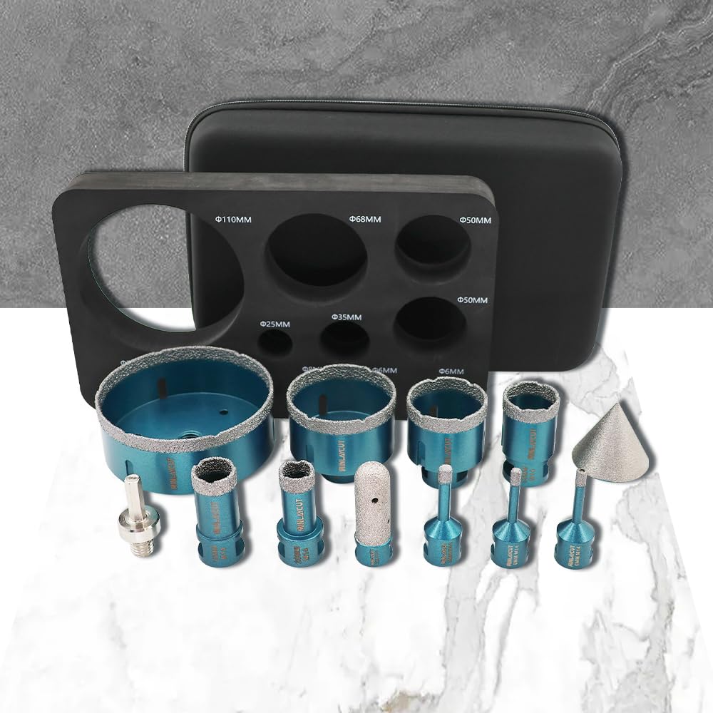 Forets Carrelage Diamant Trépans - M14 Jeu de scie à carreaux Jeu de 12 mèches diamantées 6/6/8/20/25/35/50/68/110mm+20F+50B+adaptateur pour le carrelage la porcelaine le granit le marbre