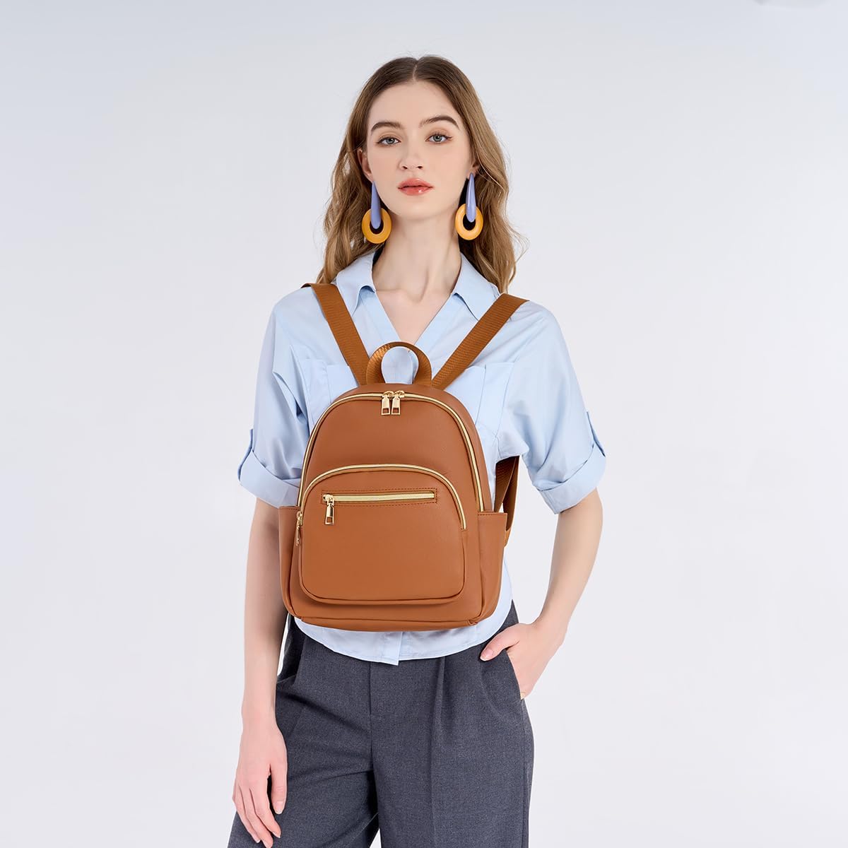 Mini Backpack Purse for Women PU Leather Small Backpack Fashion Multi Pockets Casual Daypacks Ladies Travel Shoulder Bags Brown - Image 2
