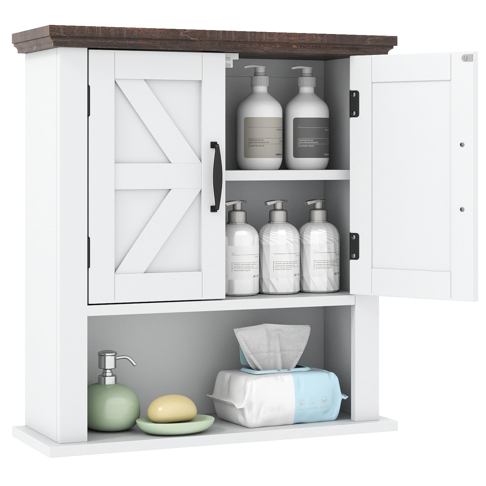 COSTWAY Armoire Murale Salle de Bain, Meuble WC Suspendu avec 2 Portes, Étagère Réglable, Compartiment Ouvert, Style Ferme, Placard de Rangement pour Toilette, Salon, 55 x 19 x 60 cm (Blanc)
