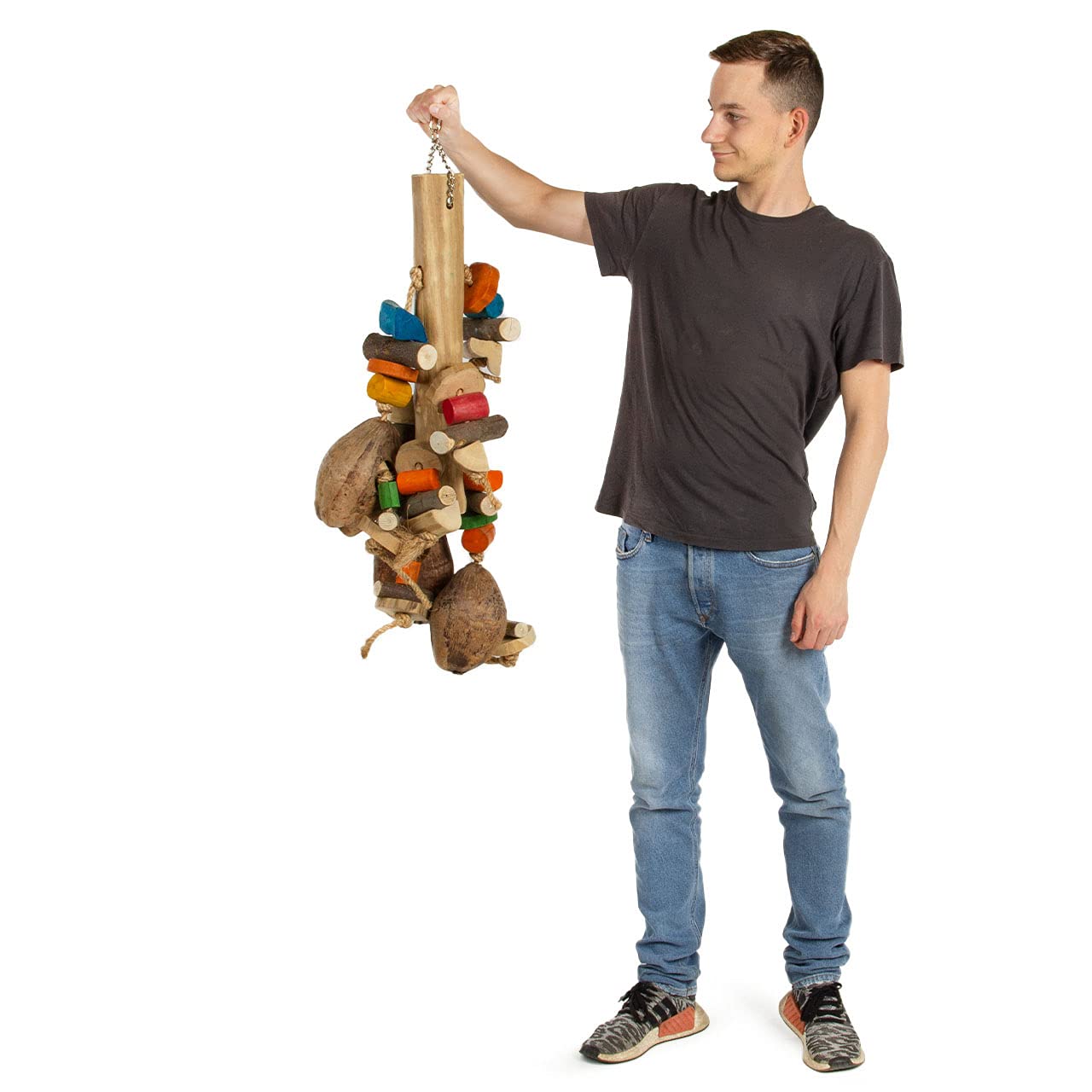 HappyBird | Riesen-Holz-Kokusnuss Vogelspielzeug | Gigant Coco Foraging | 100 x 30 x 32 cm | Shredder-Spielzeug für Papageien