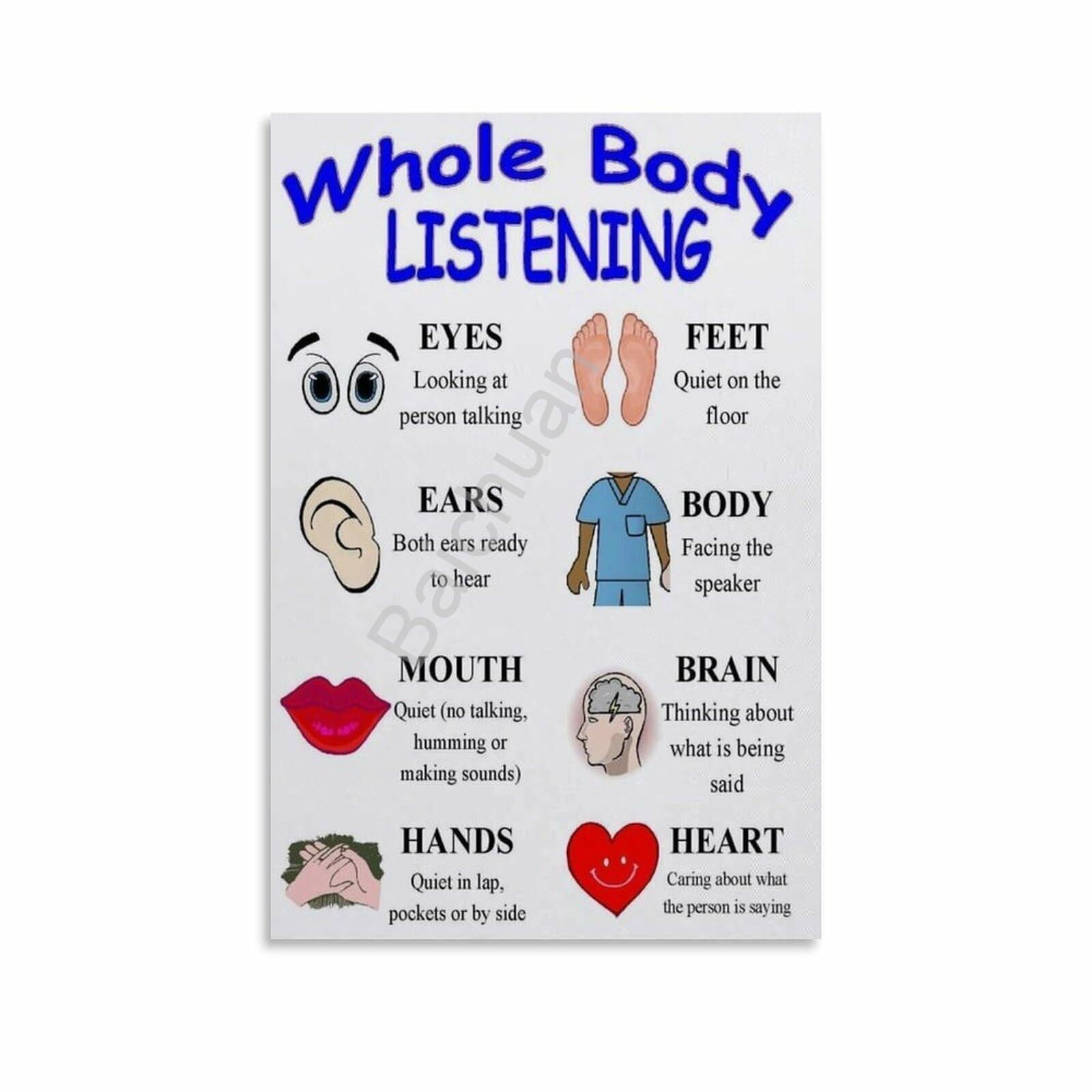 UYCUODLUY Social Skills Poster Whole Body Listening Chart for Canvas Print Wall-Art for Home School Decor(Unframed,08x12inch(20x30cm))