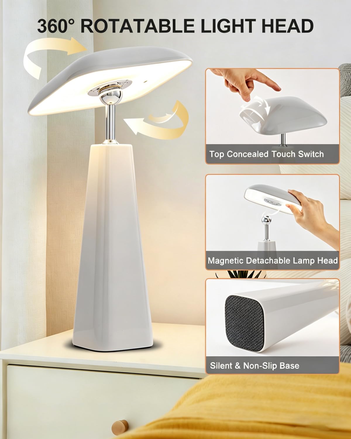 HARPER LIVING Lampada da tavolo ricaricabile, a forma di fungo, con funzione magnetica, dimmerabile, portatile, a batteria, per camera da letto, soggiorno, casa, ufficio, camera dei bambini (grigio