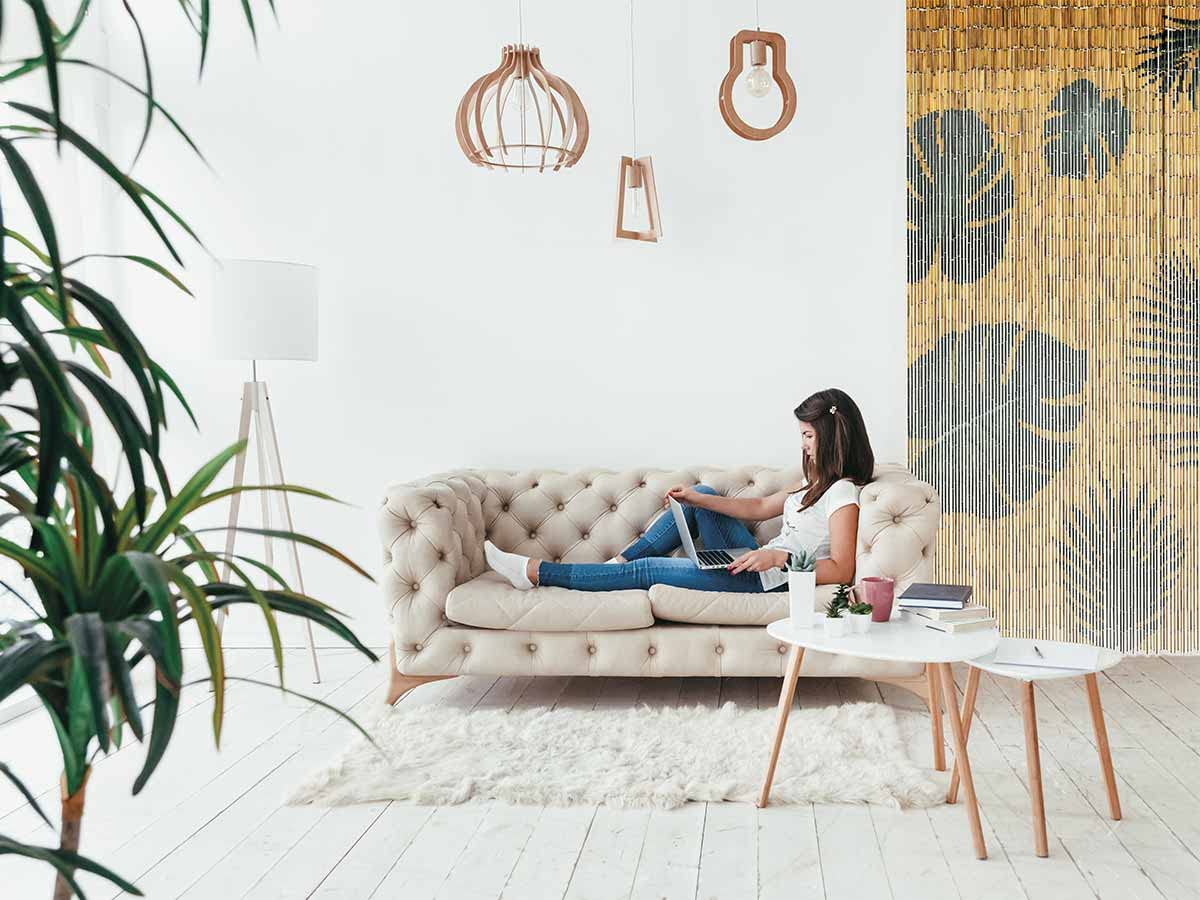 MOREL Rideau de Porte Bâtonnets de Bambou Peints, Dessin Feuilles Monstera et Palmier - 90 x 200 cm