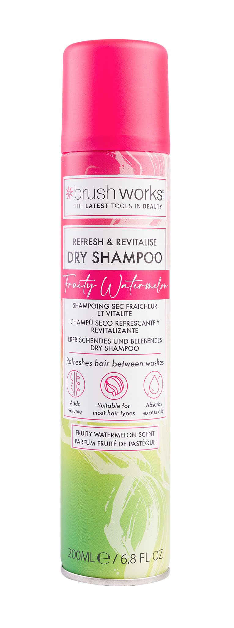 Brushworks Refresh & Revitalise Fruity Watermelon Dry Shampoo 200ml - No Rinse, Oil Absorbing Hair Refresher, Instant Volume, All Hair Types, Watermelon Scent, Vegan & Cruelty-Free