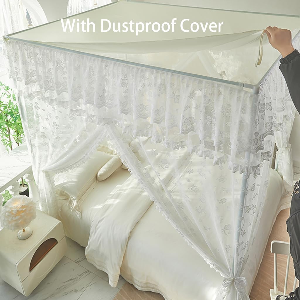 Elegant White Lace Princess 4-Poster Bed Canopy Romantic Pole-Design-Mosquito Net For Wedding Bridal Bedroom Decor, Kids Room Bed Curtain For Women Adults (White-2, 59"W x 78"L (Pack of 1))