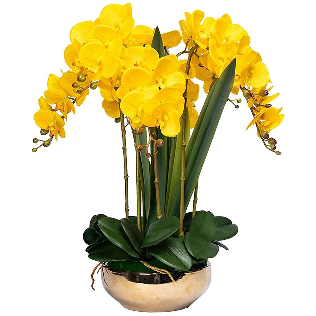 DFGHNBVC Artificial Orchid Fake Flower Phalaenopsis 8 Orchid Fake Flowers With Golden Vase Decoration Wedding Parlor Flower Arrangement