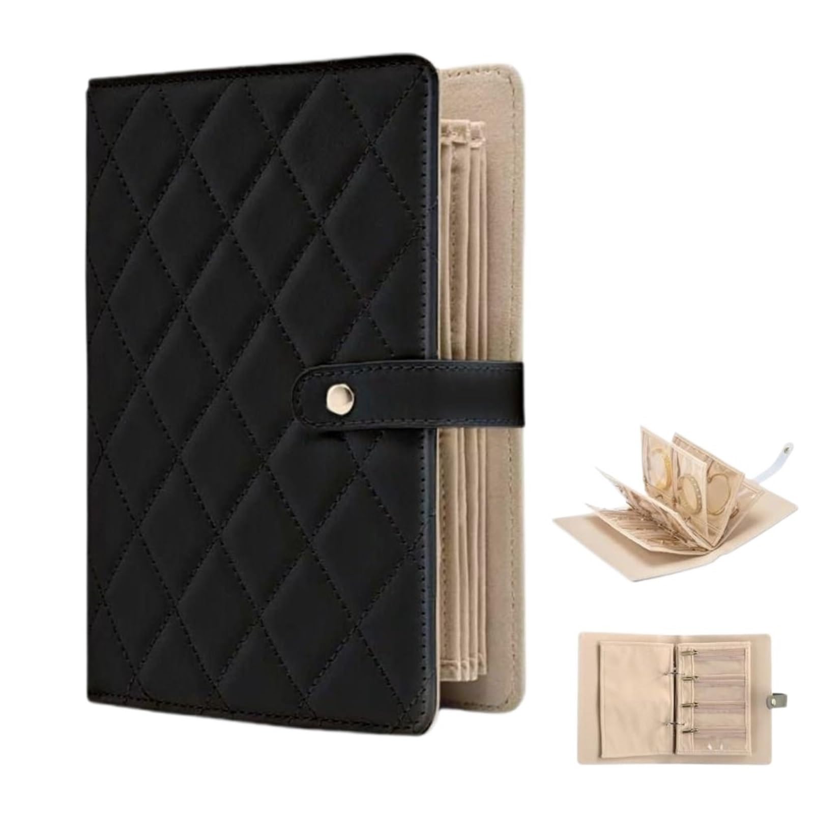FDzkrtvm Transparent Jewelry Storage Book, Jewelry Storage Book, Transparent Zipper Pockets, PU Leather Velvet Binder, Multicolor(Black)