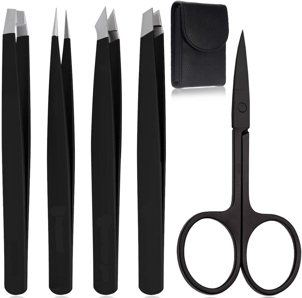 Tweezers Set of 5, KINGMAS Stainless Steel Eyebrow Tweezer Scissors Set with Travel Case for Brow Facial/Ingrown Hair, Splinter (Black)