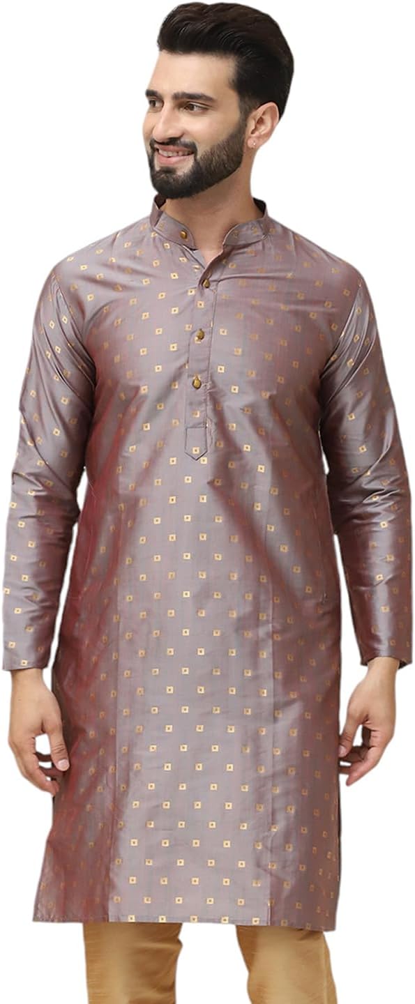 Size Medium 38 Color Brown Sojanya (Since 1958 Men'S Silk Blend Printed Only Long Kurta