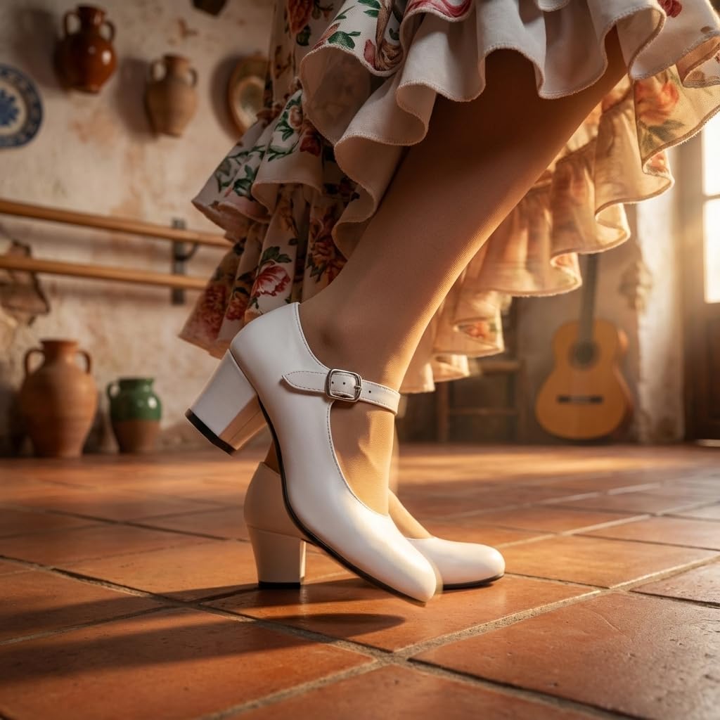 Tacones Flamenca niña Zapatos de Baile Profesional Hechos a Mano en España Calzado Tradicional Blanco y Negro con Sonido auténtico y Gran Comodidad