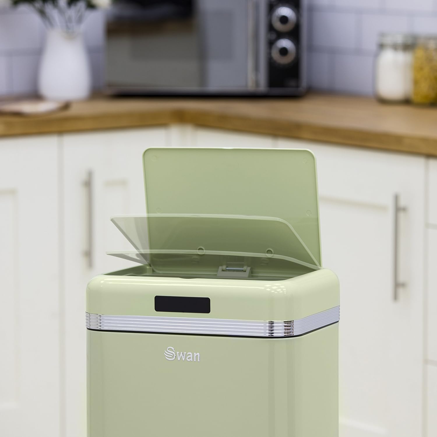 Swan Retro Cubo de Basura Cocina Automático, Sensor de Movimiento, 45 Litros, Metálico, Papelera Inteligente de Reciclaje Gran Capacidad, Diseño Vintage, Verde
