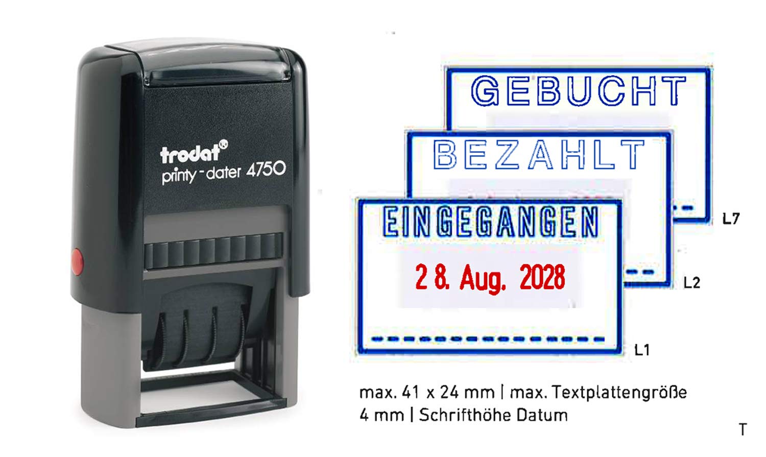Stempel Trodat Printy Lagerstempel, Datumsstempel 4750L EINGEGANGEN BEZAHLT GEBUCHT zweifarbig blau rot (BEZAHLT)