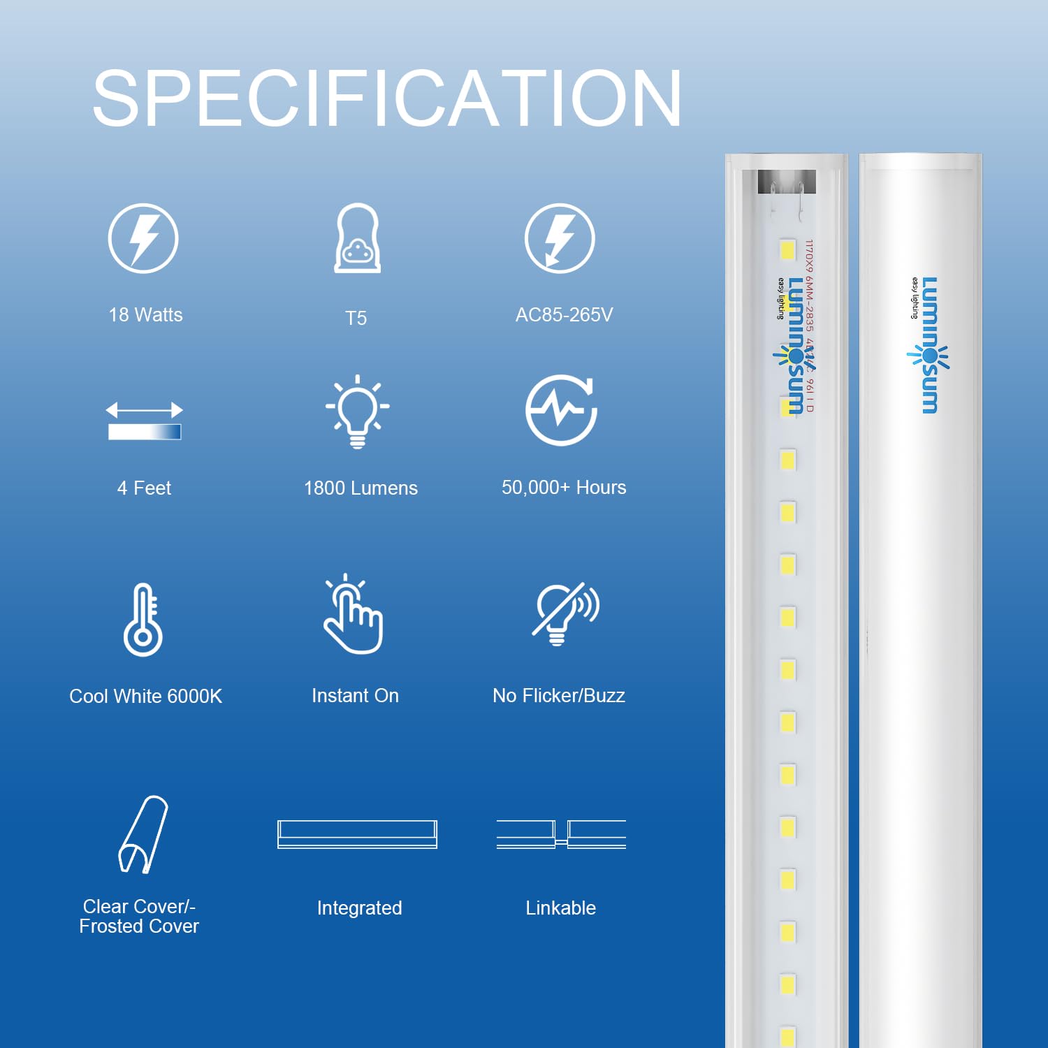 LUMINOSUM T5 LED Tube Light Integrated Single Fixture, 4 Foot 18W 1650lm, 6000k Cool White, Clear Cover, Utility Shop Light, Ceiling and Under Cabinet Light, 20-Pack