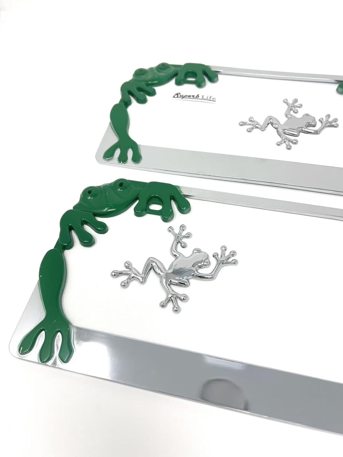 Chrome Frog License Plate Frame Set of 2 with 2pcs 3D Metal Car Frog Sticker Badge Emblem Sticker (Green)