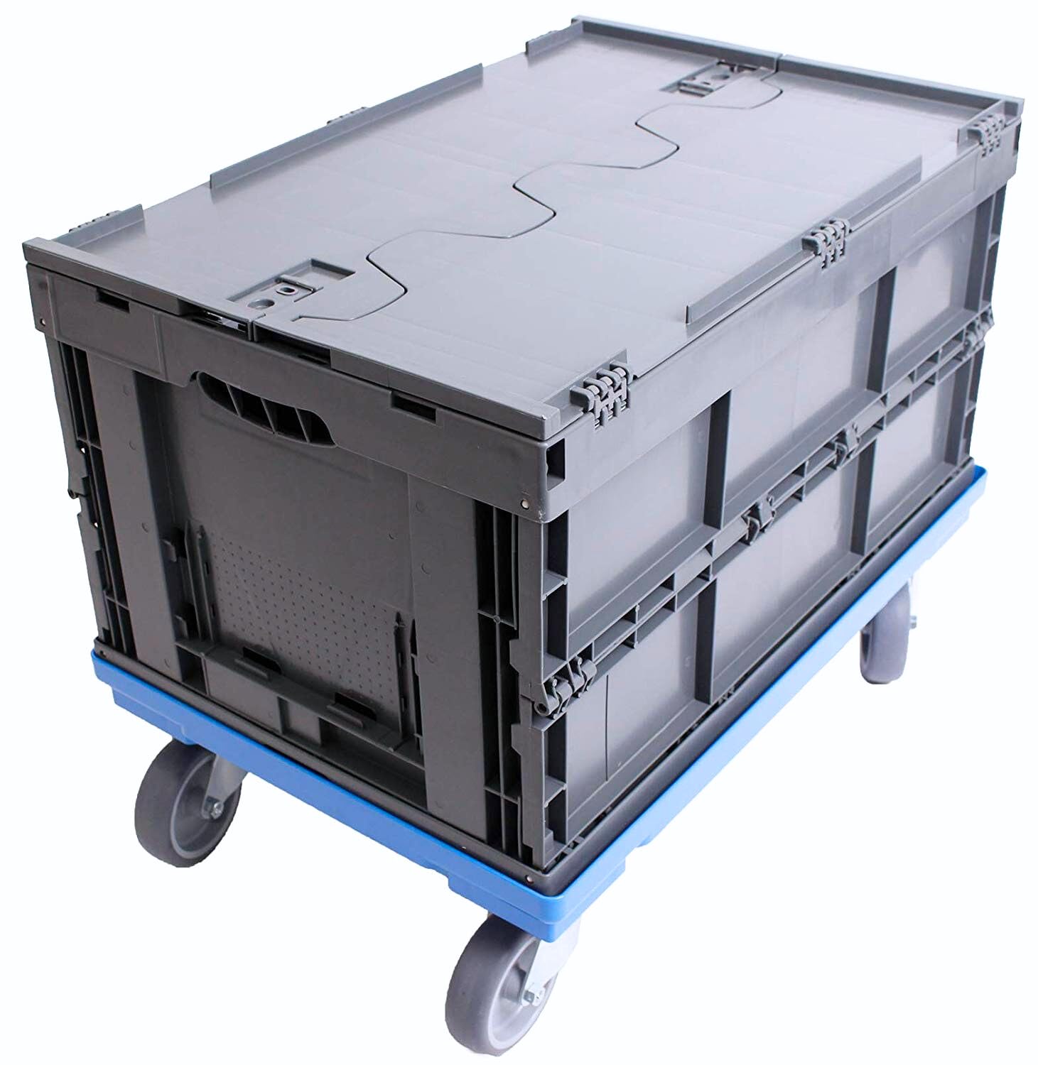 Caja plegable resistente con tapa, contenedor grande 60L, caja de transporte plegable, 60% plástico reciclado, Fabricada en Alemania, Etiqueta Ecológica, 60x40x33 cm, gris