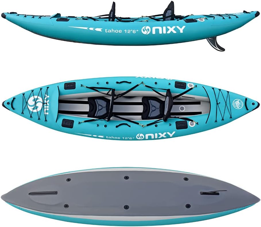 NIXY Tahoe Inflatable Kayak - Premium 2 Person Kayak Durable Design for Two Adults, Portable and Stable with Advanced Features for Fishing and Adventure - Blowup Kit, Seats and Paddles Included