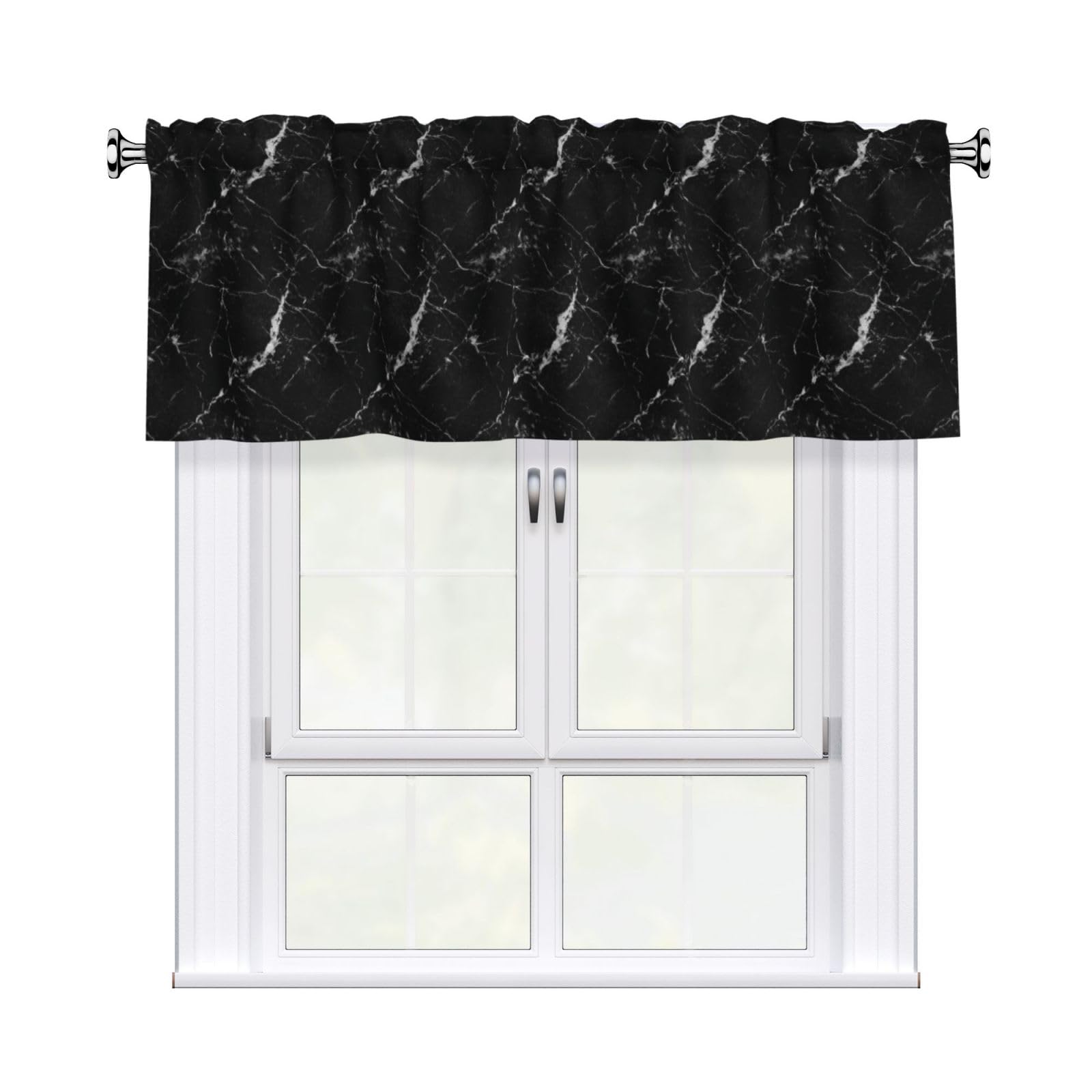 Woshuwo Black White Stormy Scratched Marble Valances For Windows Rod Pocket Window Treatment Short Curtains For Kitchen Living Room Bedroom Decor 54x18in