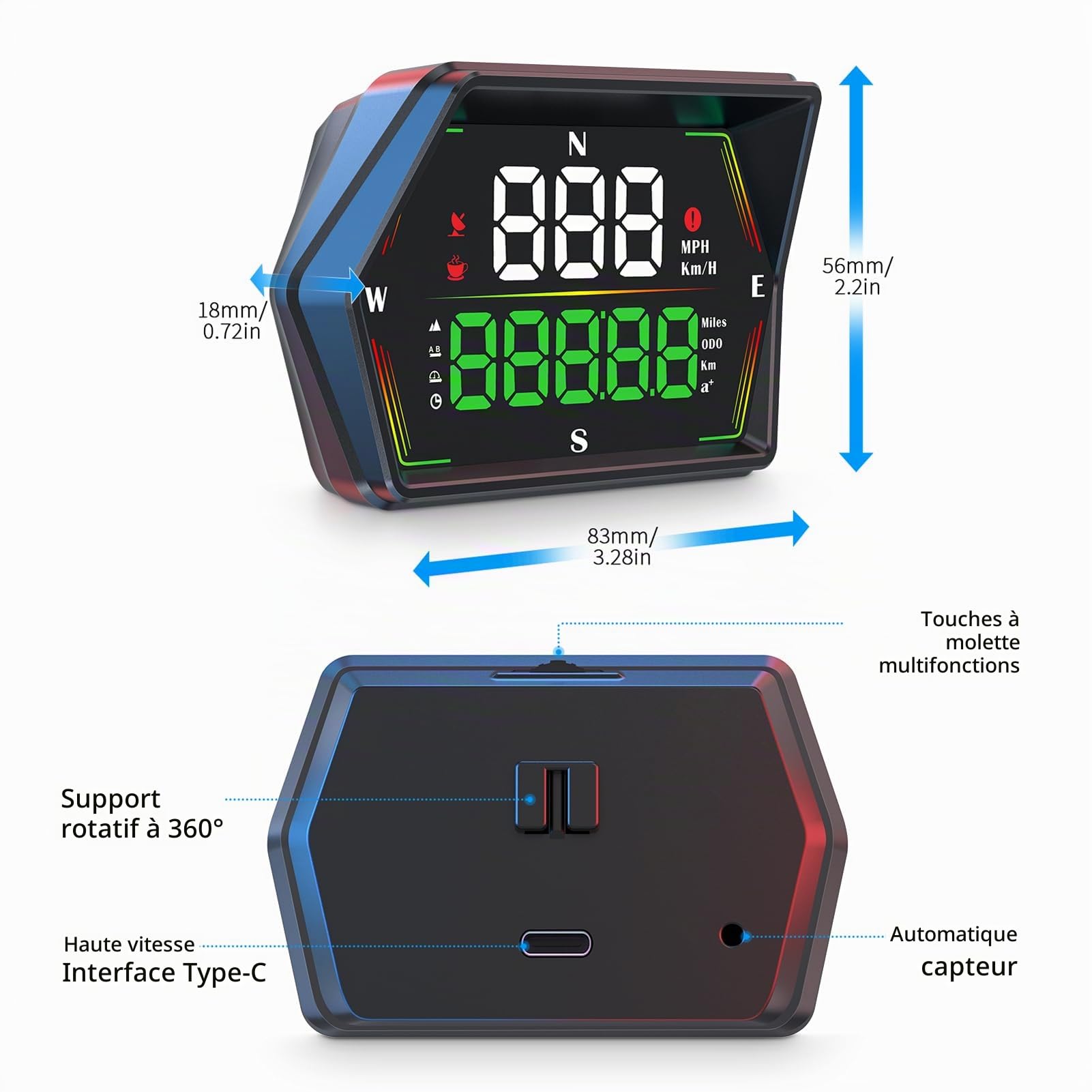 HUD Universel pour Voiture, Compteur de Vitesse GPS avec Vitesse en Temps Réel, Kilométrage, Altitude, Direction 0 100 Km, Accélération en Cas de Survitesse, Alerte de Fatigue, Affichage HD