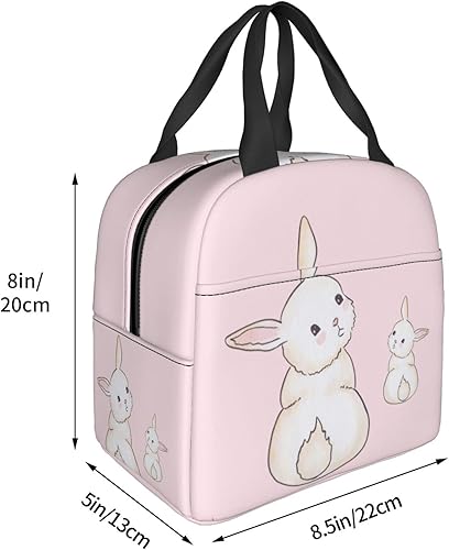 Miniatura 4 de Lonchera con diseño de conejo Kawaii rosa para mujeres y hombres, contenedor reutilizable aislado con bolsillo frontal para trabajo, picnic y viajes