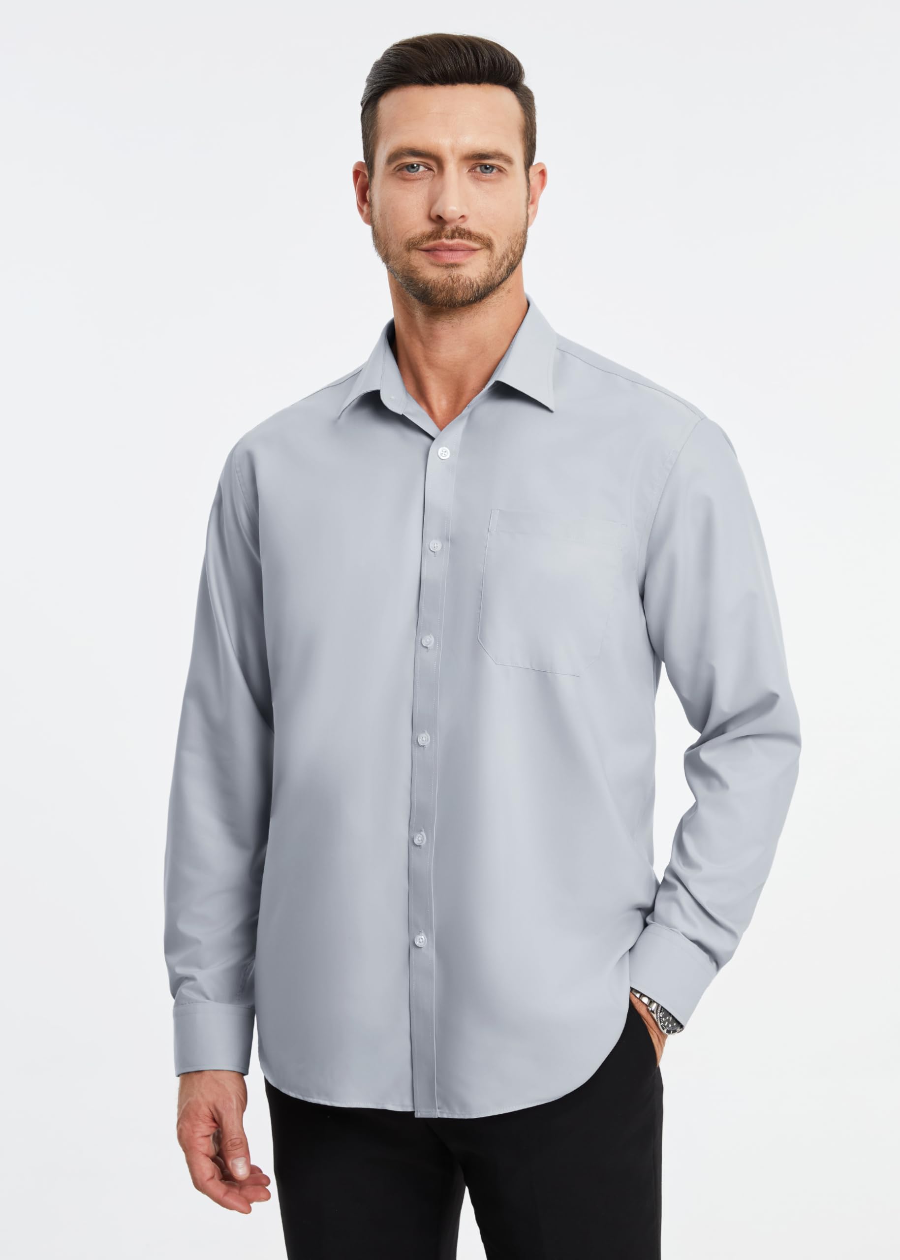 HISDERN Camisa de Manga Larga para Hombre de Vestir y Negocios - Informal de Ajuste Regular - Fibra de Bambú Sin Hierro Con Bolsillo S-4XL
