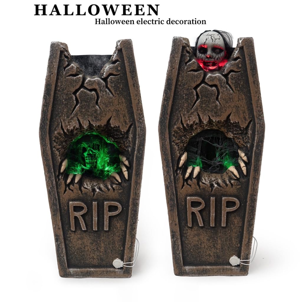 Dekoracja nagrobka na Halloween z aktywowaną dźwiękiem czaszką świecącą i ruchową