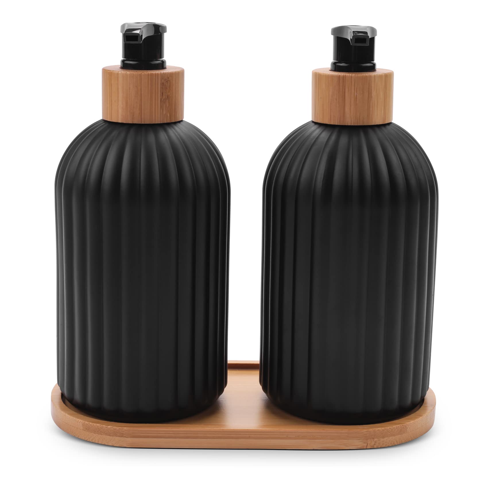 CTRLZS 14Oz Glass Soap Dispenser with Wooden Tray, 2 PCS Hand and Dish Soap Dispenser Set, Kitchen Bathroom Farmhouse Decor