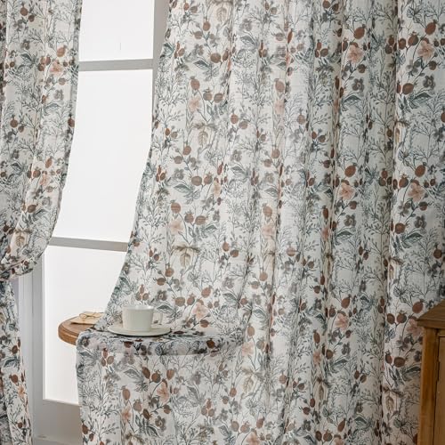 Image of SUOUO Vintage Black Dark Floral Semi Sheer Curtains 84 Inches 2 Panels | Linen Textured,Light Filtering,Wild‑Berry Botanical,Rustic Farmhouse,Rod Pocket Drapes for Living Room Bedroom Dining Room