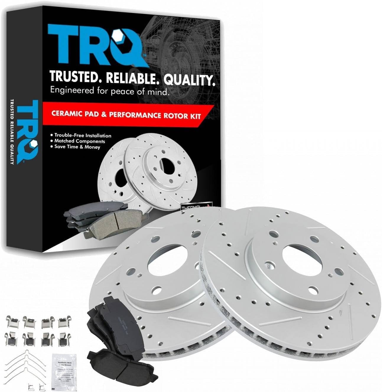TRQ Front Performance Brake Pad & Rotor Kit Brake Pads Brake Rotors Set Ceramic Premium G-Coated Compatible with 1995-1997 Toyota Avalon 1996-2001 Camry 1998-2003 Sienna