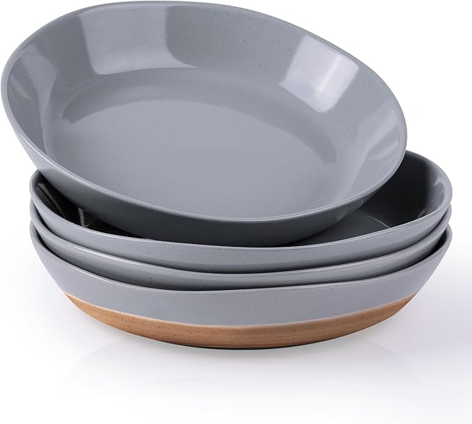 AmorArc 9.5'' Large Ceramic Pasta Bowls, 38oz Handpainted Stoneware Bowls Set of 4, Microwave&Dishwasher Safe Bowls with Wavy Rim&Rustic Terracotta Underside for Fruit Pasta Salad,Gray