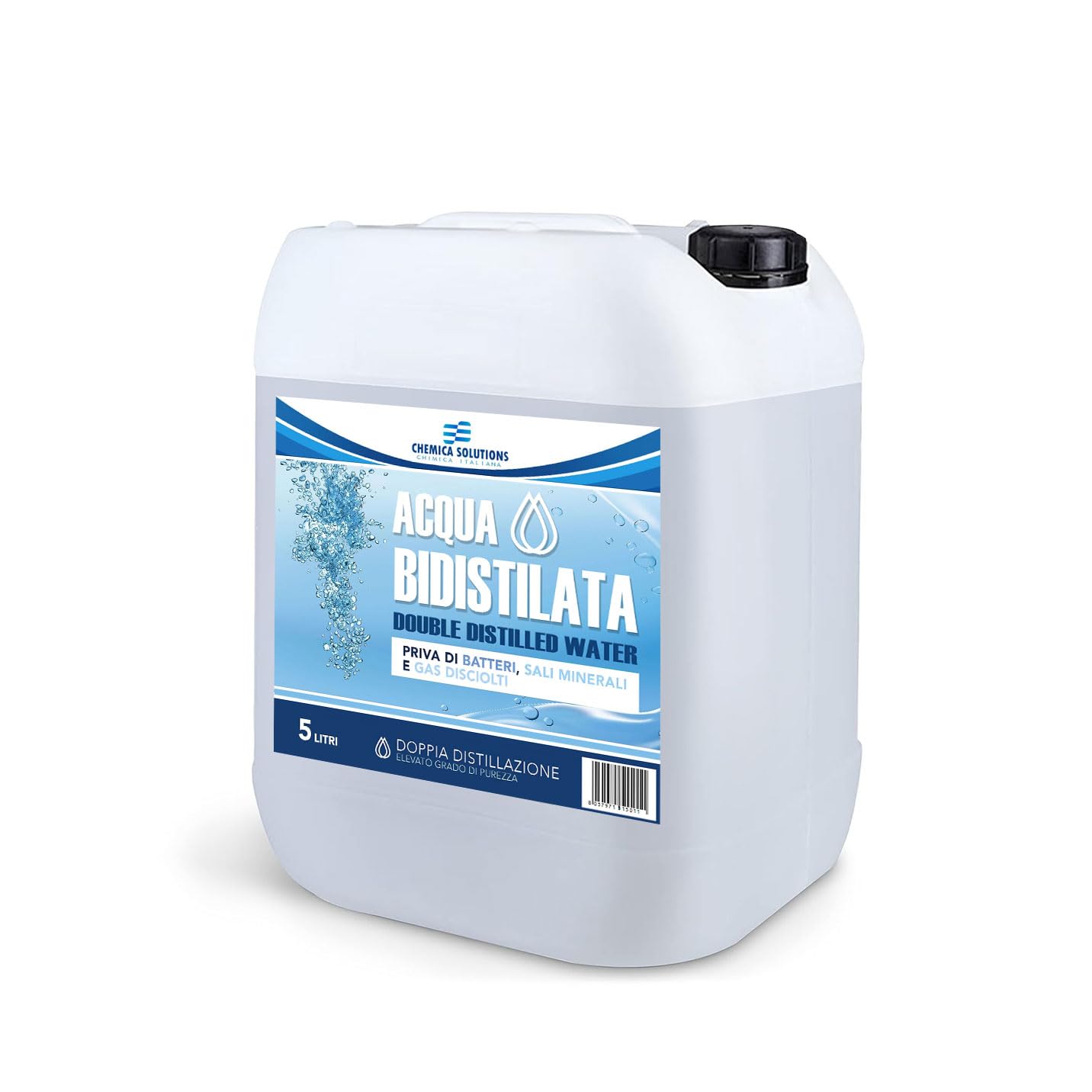 CHEMICA SOLUTIONS Acqua Bidistillata Pura per Uso Industriale e clinico tanica da 5 Litri, Distillata Due Volte, Demineralizzata, per Ferri da Stiro, umidificatori, batterie e Altro Made in Italy
