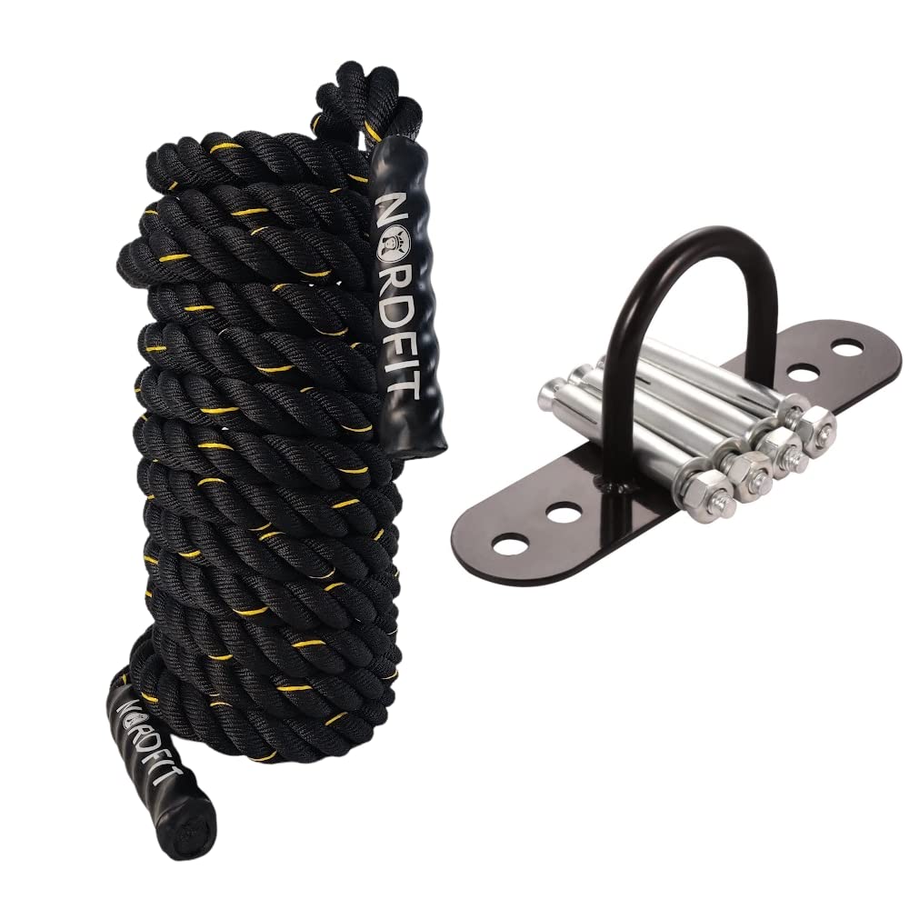 NORDFIT Battle Ropes – 9m, 12m and 15m – 38mm Thickness – Optional Anchor – Black Fitness Ropes - Fitness and Home Gym Equipment (9M Rope + Anchor)