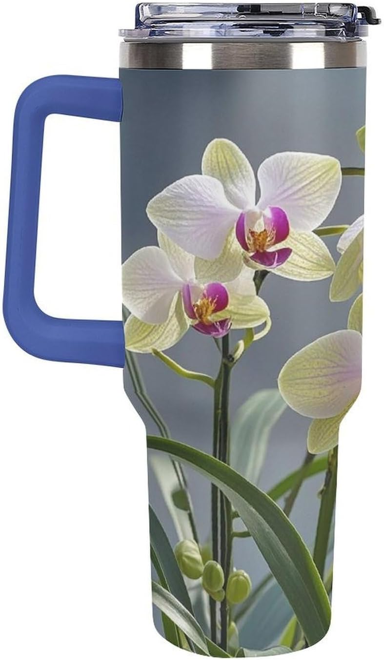 Colorful Orchids Flower Tumbler 40 Oz with Handle&Lid Large Car Cup Stainless Steel Vacuum Travel Mug Insulated Water Bottle Leak-proof Portable Coffee Cup for Home Car Outdoor