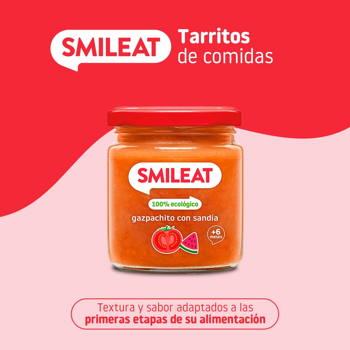 Smileat - Tarrito de Gazpachito con Sandia - Gazpacho para Bebés desde 6 Meses - Verduras y Frutas Ecológicas - con Aceite de Oliva Virgen Extra - sin Sal ni Azúcar Añadido - 190g