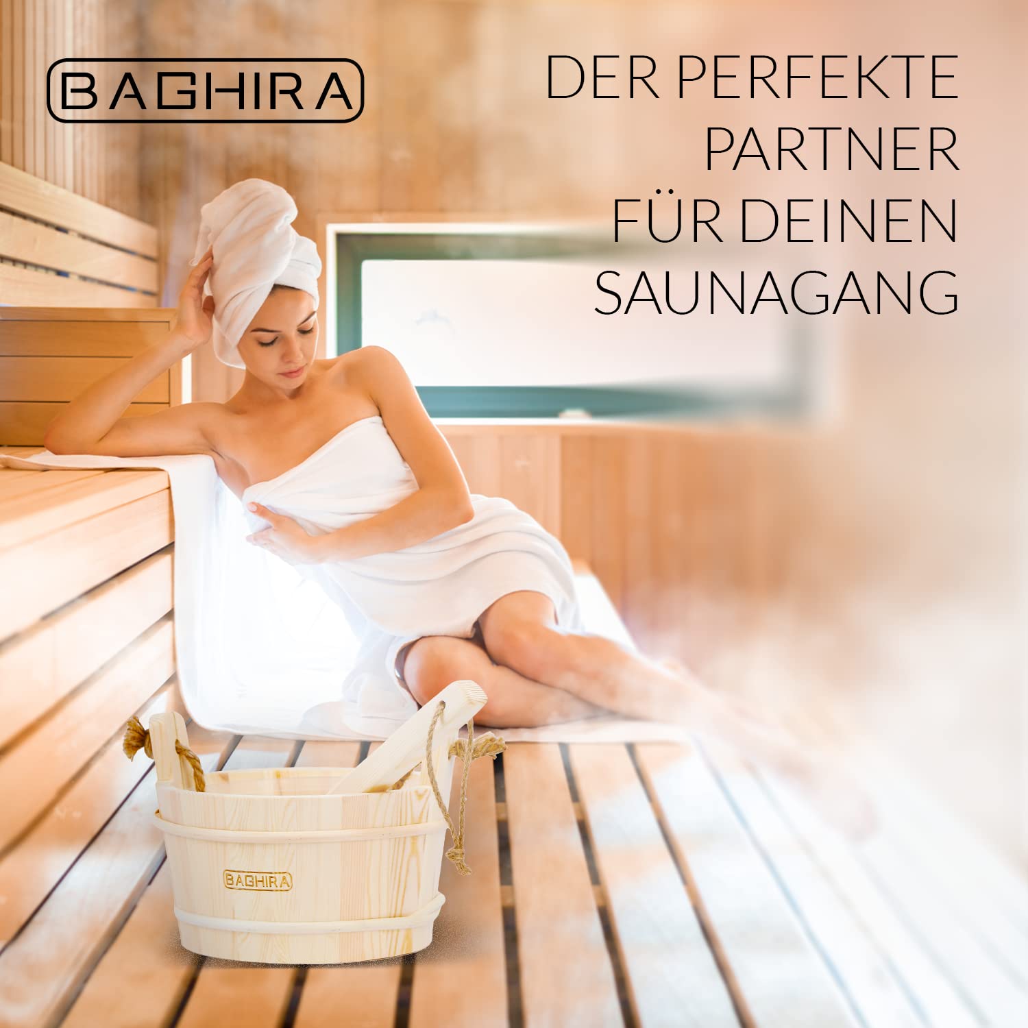 BAGHIRA Lot de 5 seaux de sauna en pin - Avec insert en PVC - Seau de sauna avec truelle, sablier, thermomètre et hygromètre