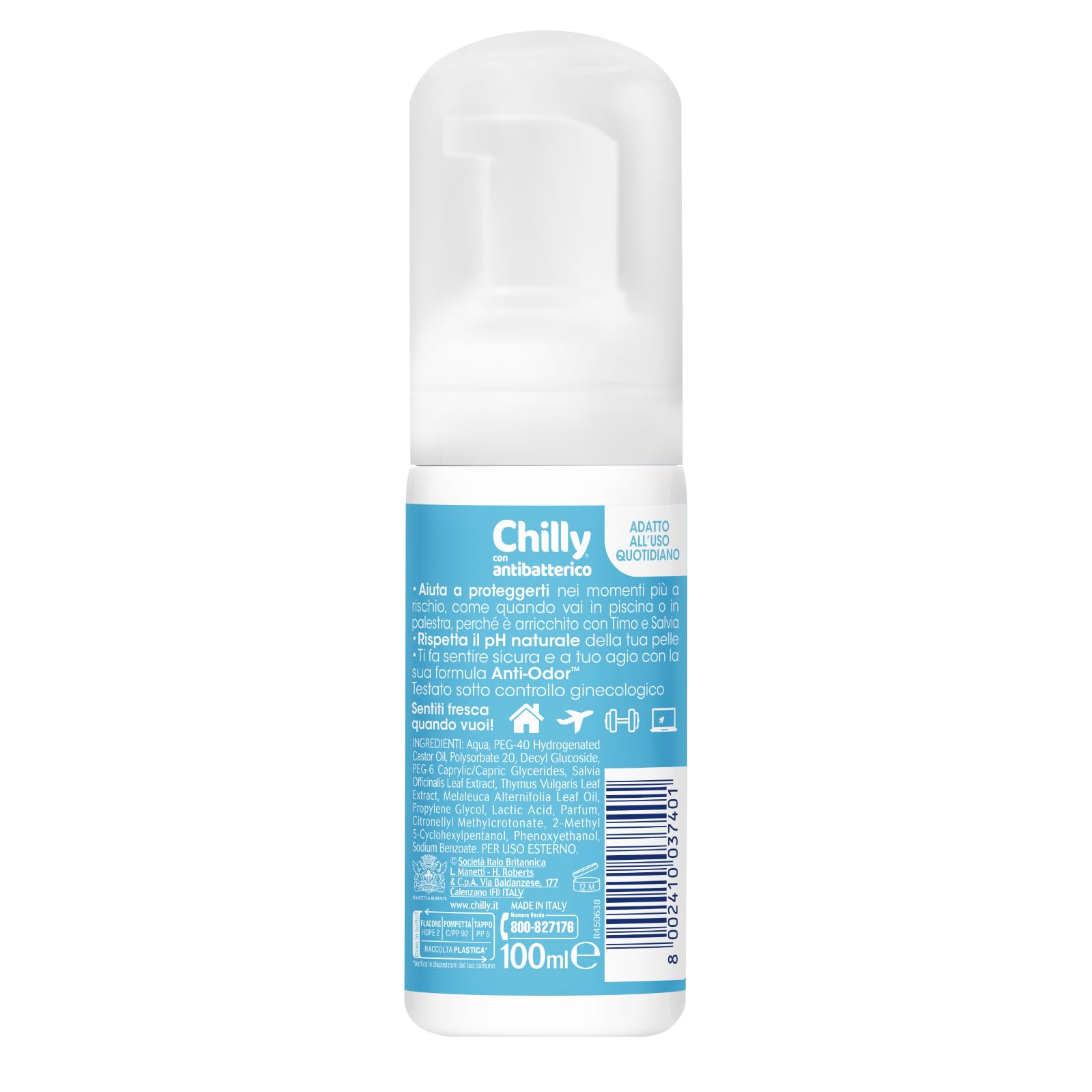 Chilly Antibatterico Detergente Intimo in Mousse Senza Risciacquo Azione Protettiva e Anti-Odore con Timo e Salvia Igiene Rapida pH 5 Uso Quotidiano Ginecologicamente Testato - 3 Flaconi da 100ml