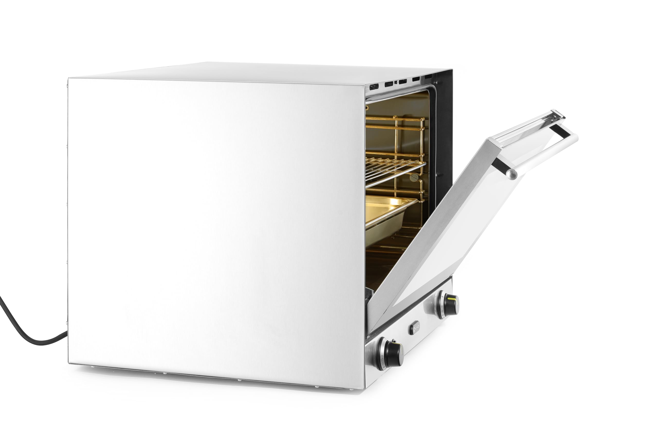 HENDI Horno de Convección H100, 4 Bandejas GN 1/1, Puerta de Doble Cristal Fría al Tacto, Iluminación Interior, Temporizador 0-120 min, 230V/3500W, 699x608x(H)550mm, Acero Inoxidable